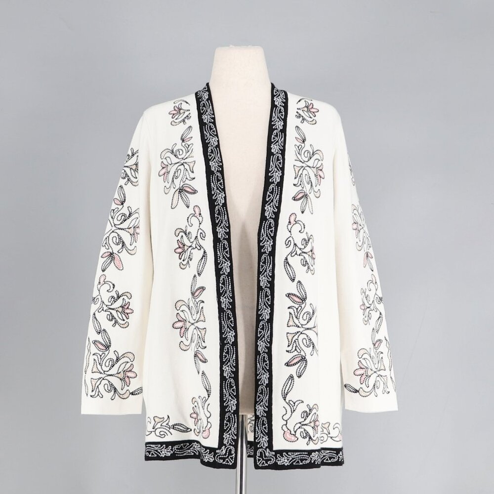 CHICO'S Floral Embroidered Open-Front Cardigan Ivory with Black Trim Size 2/L